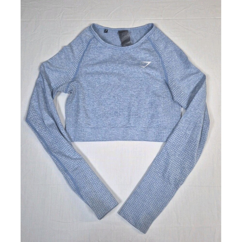 Gymshark Seamless Long Sleeve Crop Top Womans Size Medium Blue Moisture Wicking